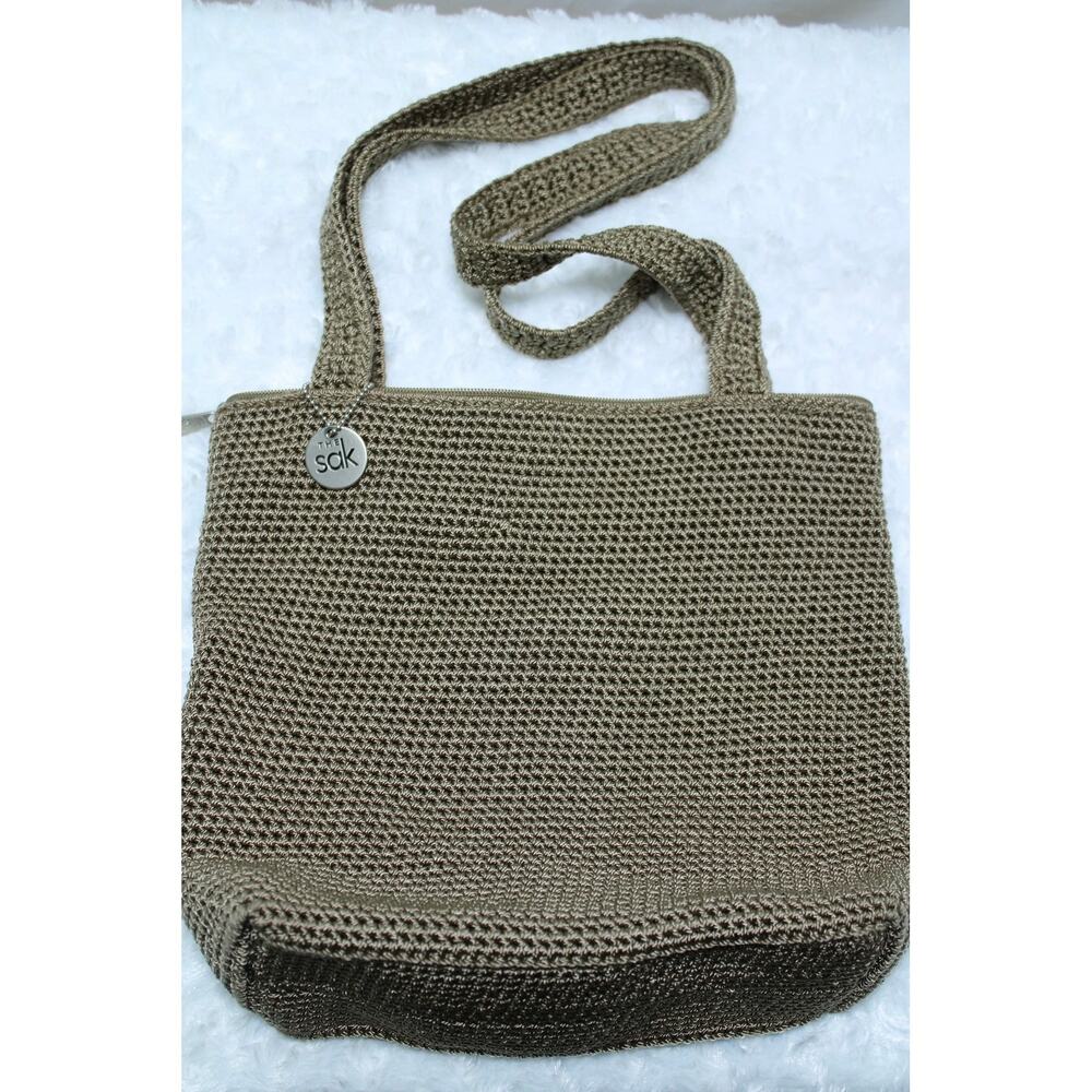 The Sack Crocheted Shoulder Bag Hobo Purse Zip Closure Brown Double Strap Medium